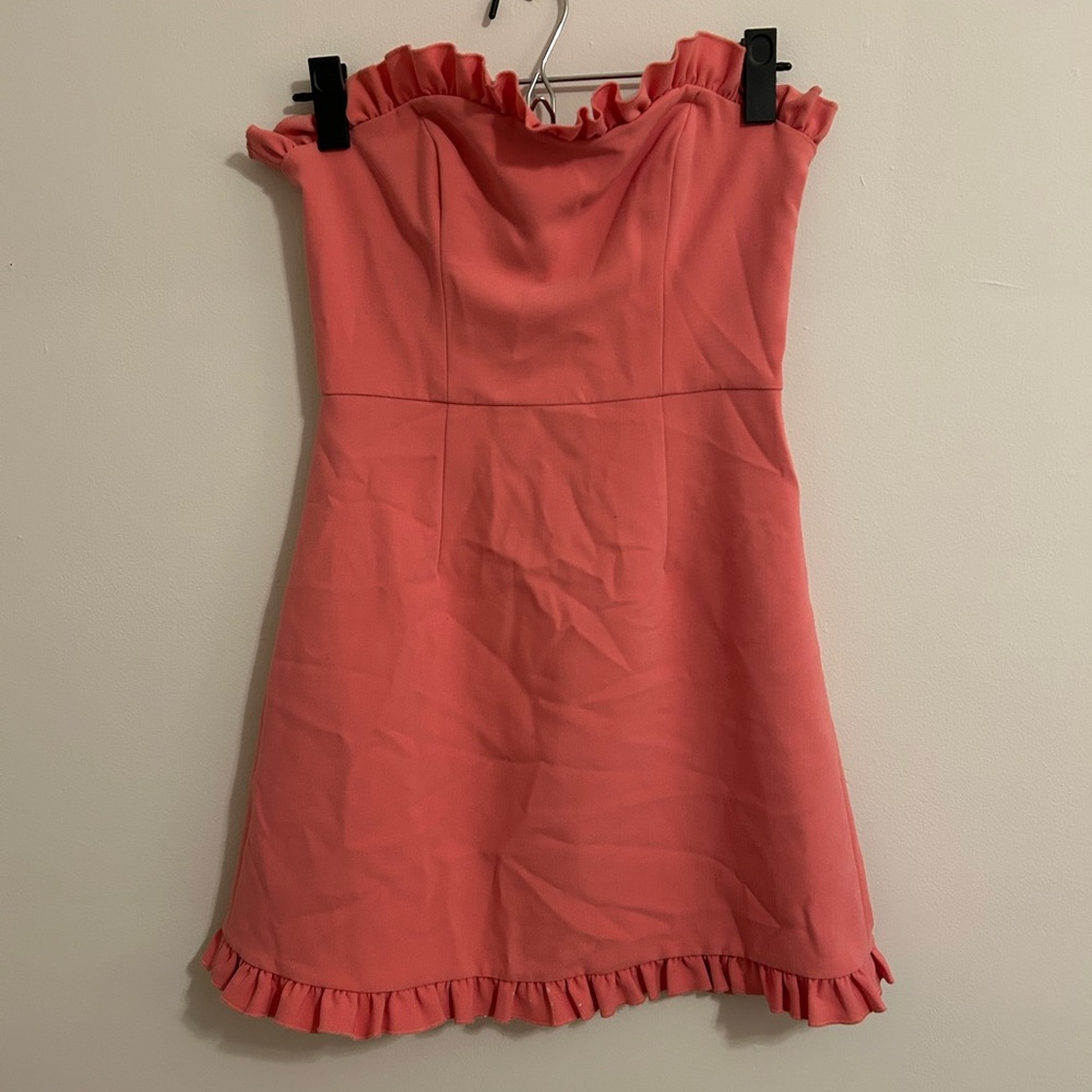 Coral Strapless Ruffle Dress